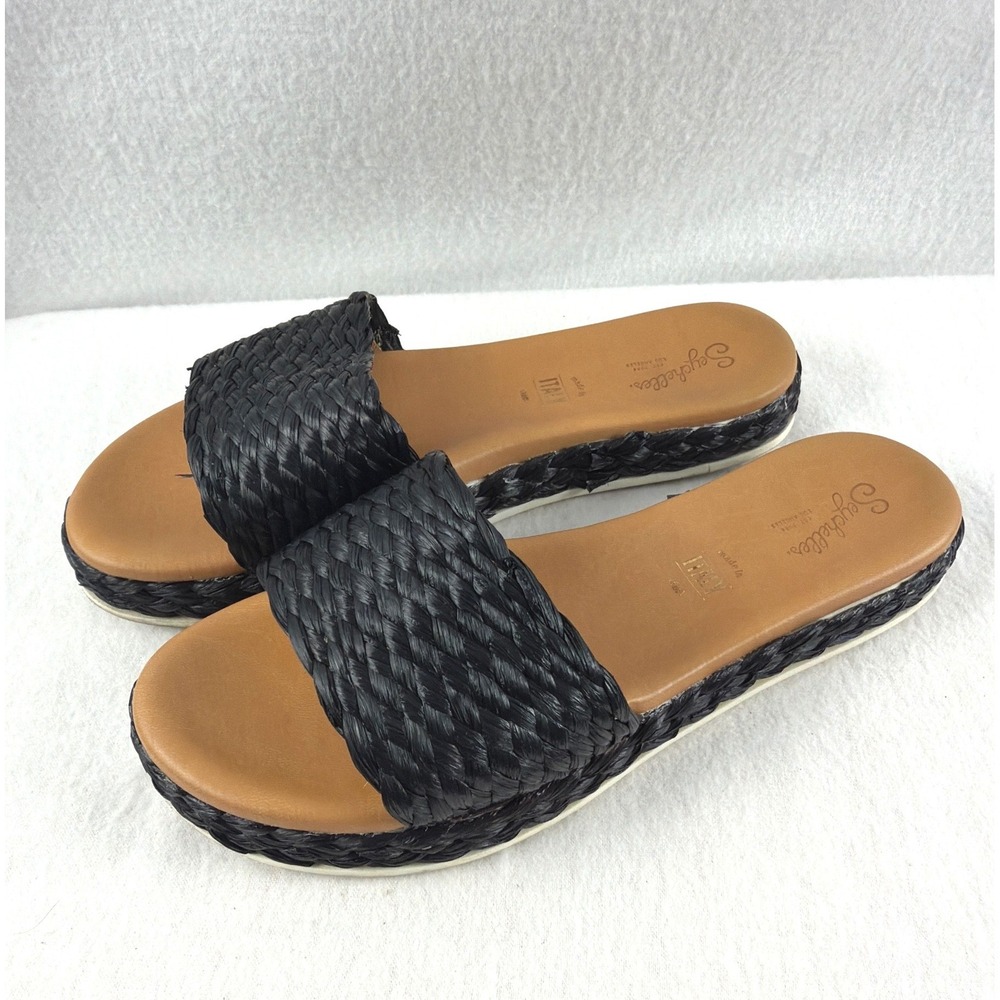 Seychelles Quiet The Mind Black Raffia Woven Platform Slide Sandals Womens 10